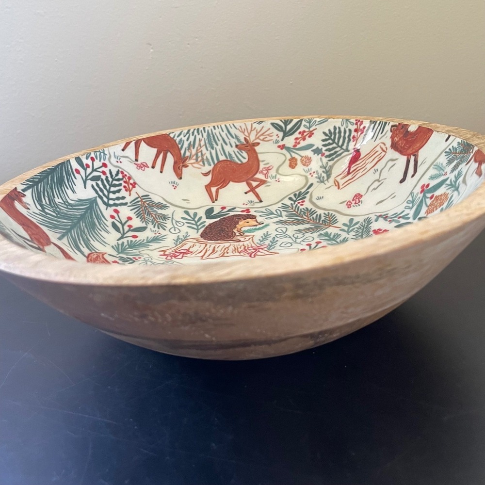 Hand Painted Kenzie Kae Mango Wood Enamel Bowl 10" Cottage Cottagecore Forest